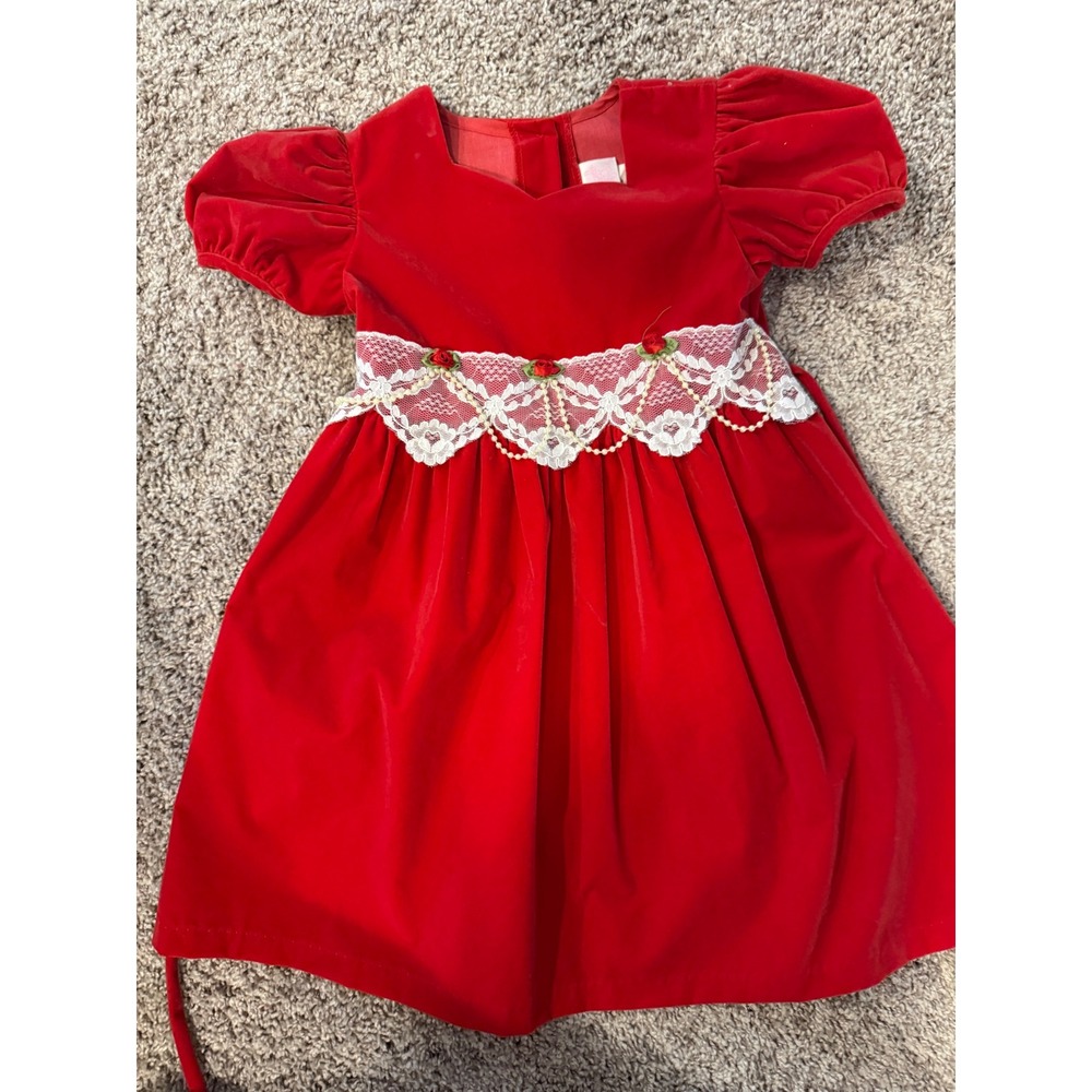Rose Cottage Kids Red Velvet Lace Pearl Holiday Dress Size 6 Made in USA